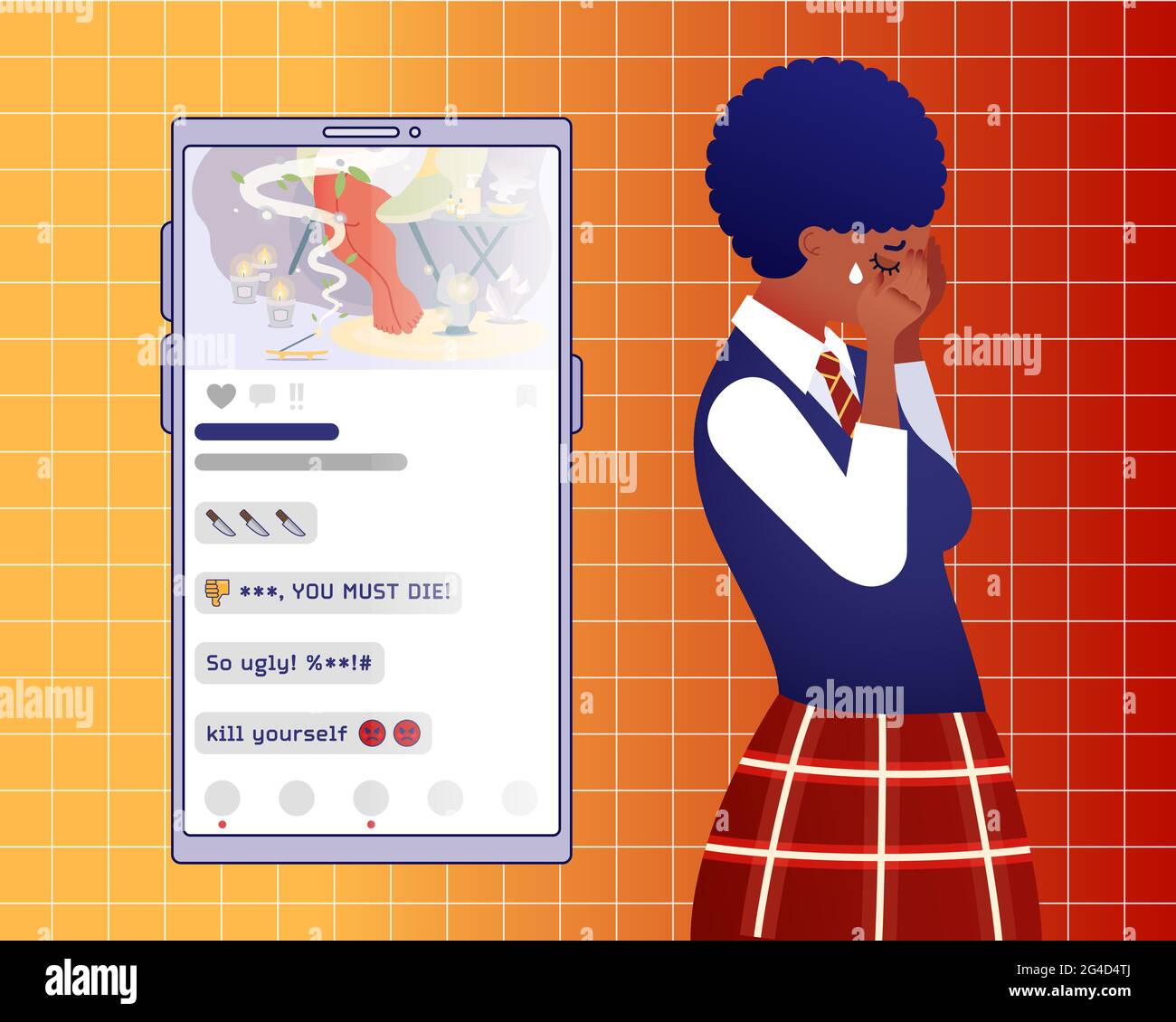 Problema di bullismo informatico. Triste afroamericano teen ragazza si alza e grida, smartphone con social media app e male commenti dietro Illustrazione Vettoriale