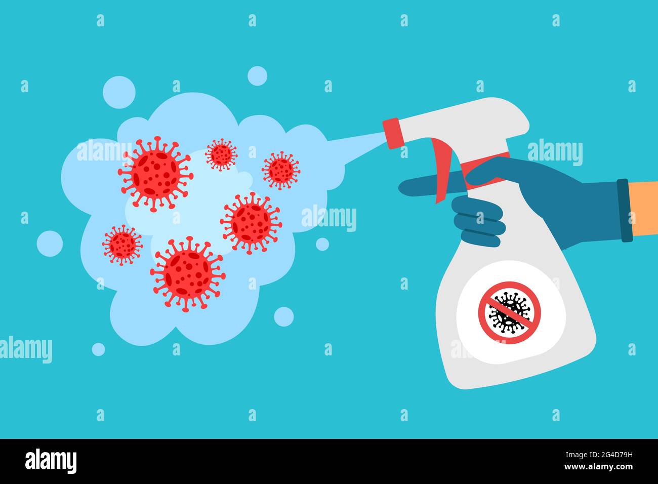 Protezione da coronavirus. L'uomo nei guanti contiene una bottiglia di spray antisettico. Uccide i batteri. Concetto di disinfettante. Design piatto. Illustrazione vettoriale Illustrazione Vettoriale
