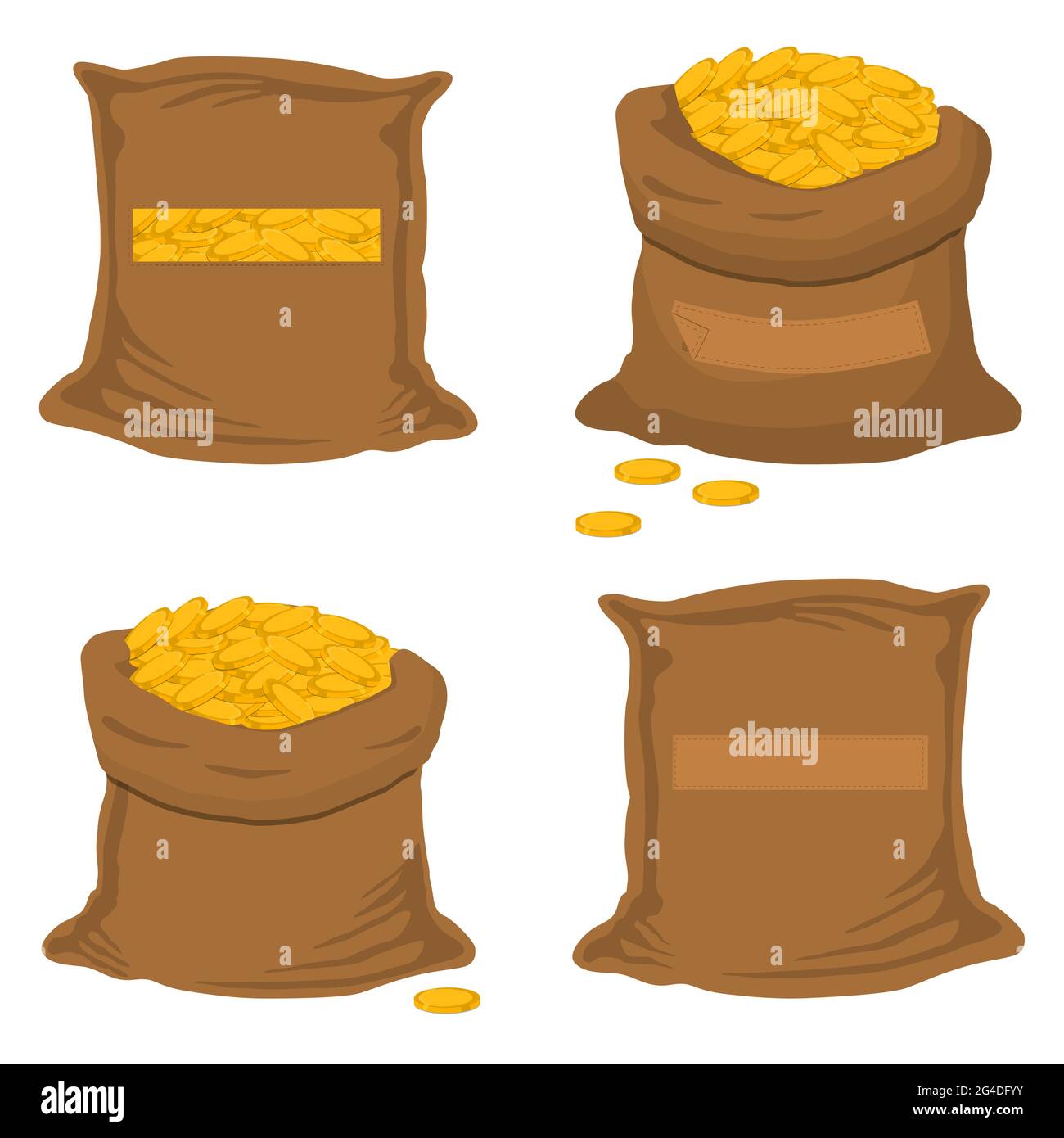 Illustrazione sul tema grande insieme colorato sacchetti di diversi tipi, pieno sacco di monete. Modello di sacco costituito da monete d'oro mucchio di raccolta su sacchi aperti. Illustrazione Vettoriale