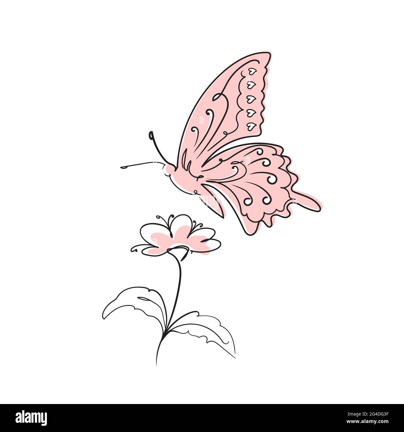 Farfalla linea continua surreale e flower.Collect Nectar.Stock illustrazione vettoriale isolato su sfondo bianco. Illustrazione Vettoriale