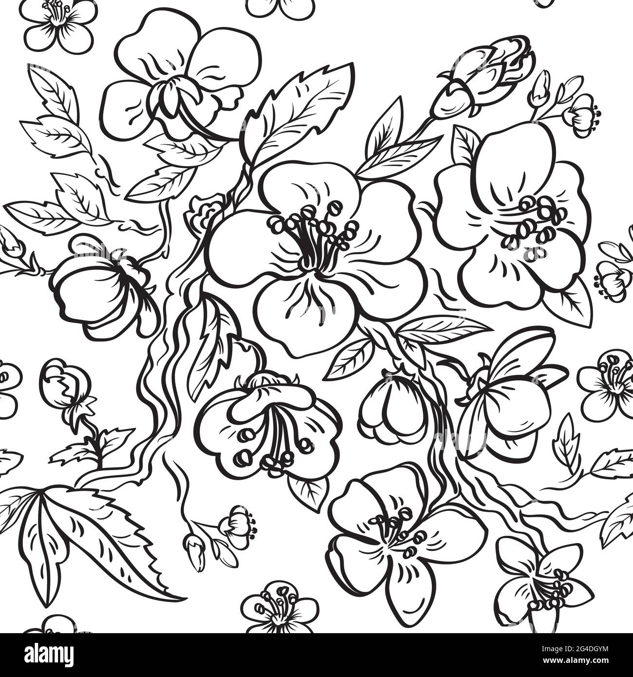 Carino disegno a mano senza cuciture con fiori sakura. Ciliegio. Illustrazione in bianco e nero su sfondo bianco. Illustrazione Vettoriale