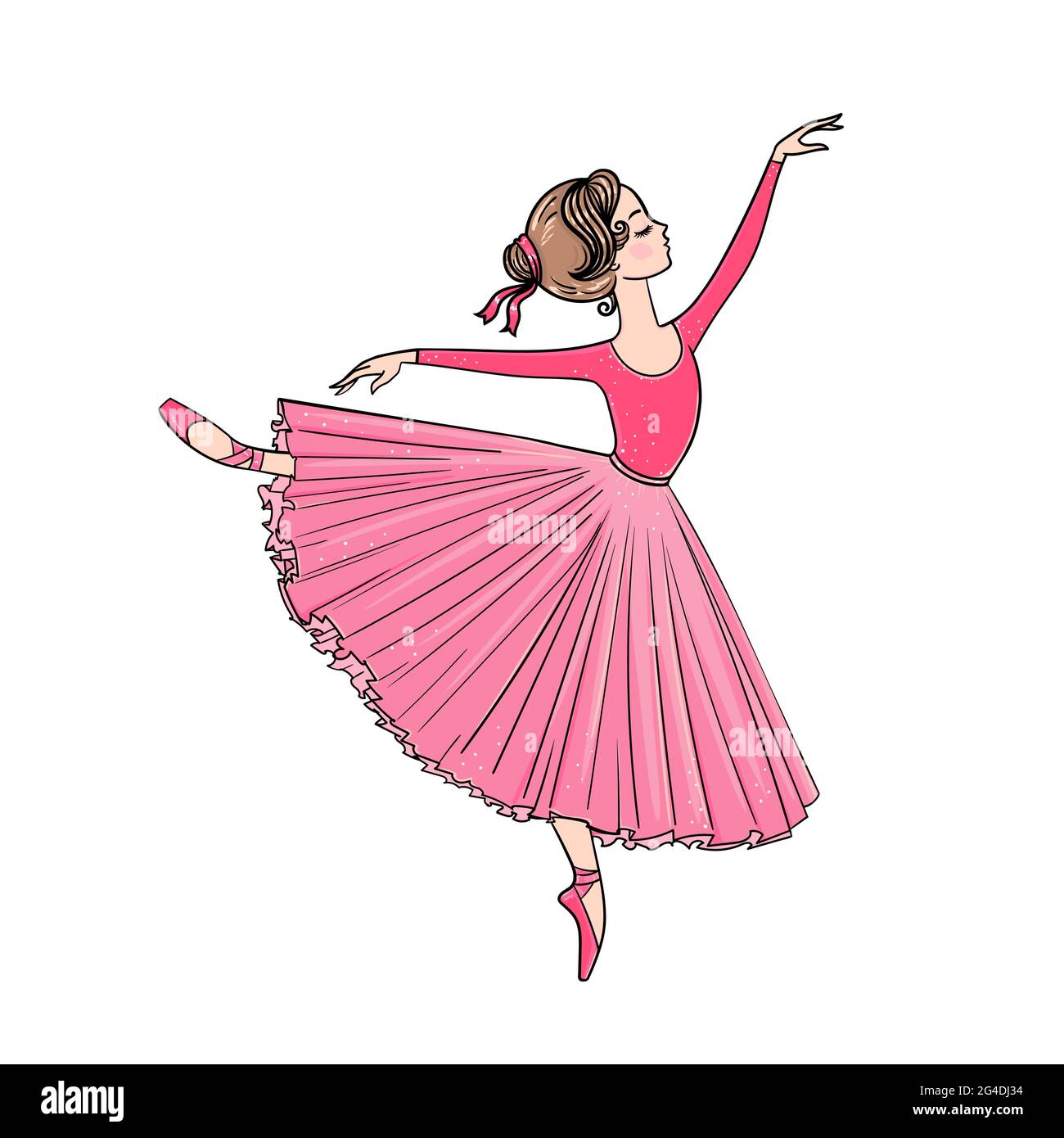 Bella ballerina girl.Dancer disegnata a mano in tutu e scarpe puntinate isolato su sfondo bianco. Illustrazione Vettoriale