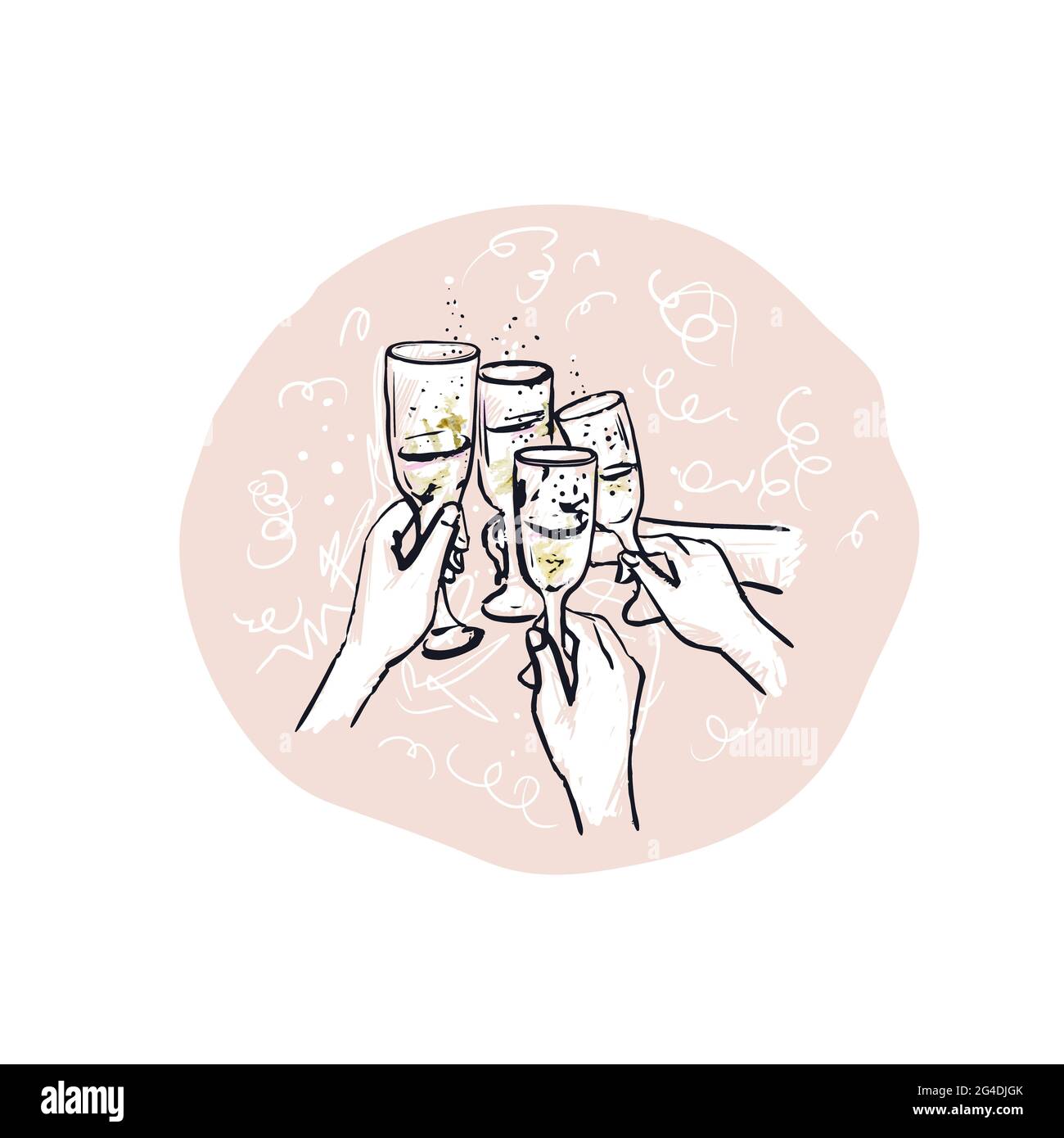 Amici clink bicchieri con champagne.festa di Natale. Amici persone celebrare insieme festa evento insieme al party.Illustrazione per una festa invitat Foto Stock