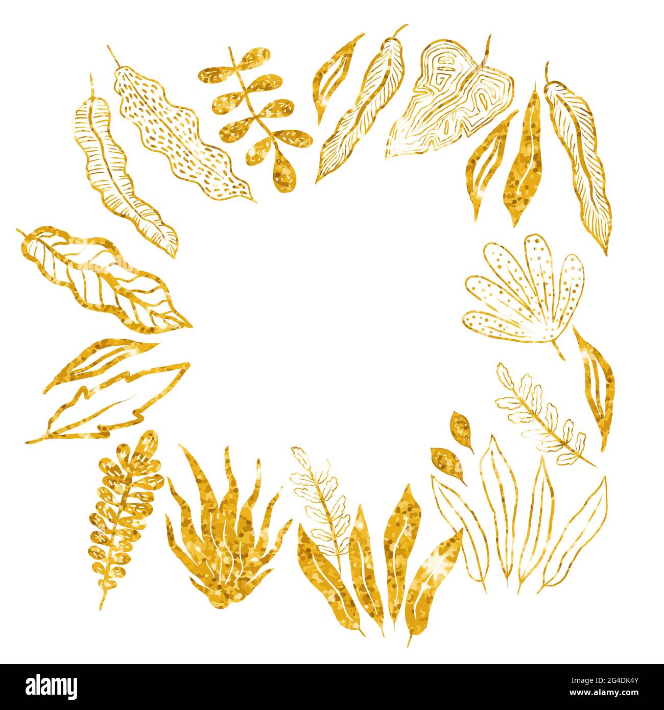 Bella frame.Gold foglie tropicali isolate su sfondo bianco..Stock vettore Illustration.background con leaves.Greeting carte, sfondi, volantini Illustrazione Vettoriale