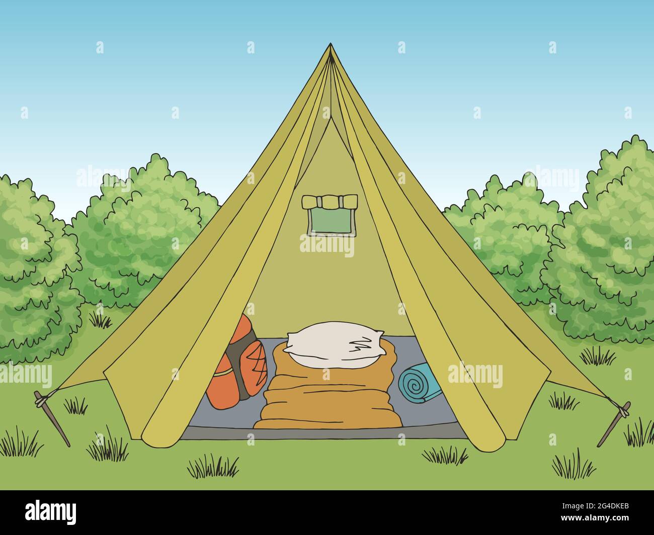 Campeggio tenda aperto interno grafico colore paesaggio illustrazione  disegno vettore Immagine e Vettoriale - Alamy