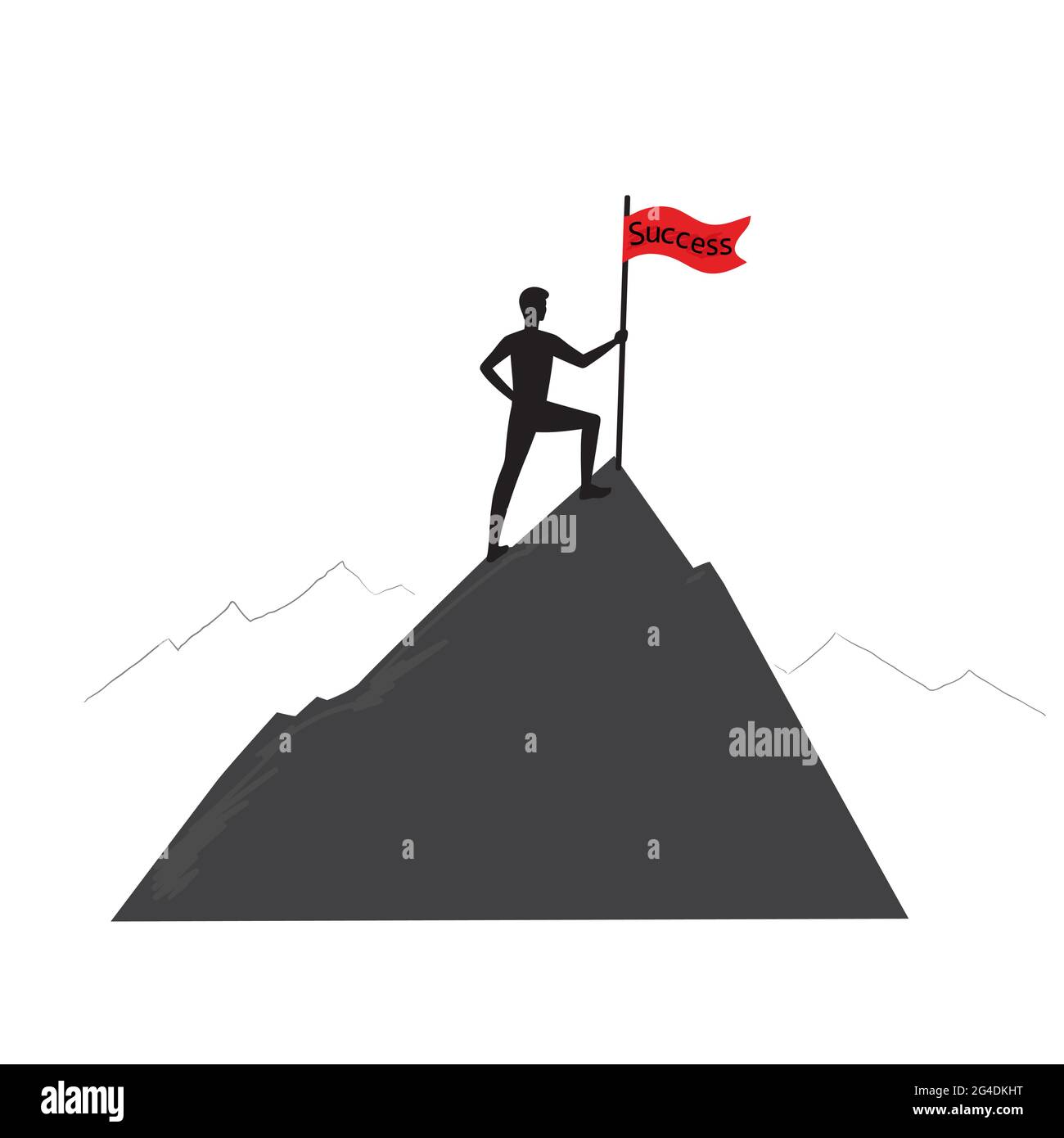 Silhouette di un uomo sulla montagna che regge una bandiera. Concetto di successo, sfida.Vincitore isolato su sfondo bianco. Illustrazione di scorta. Illustrazione Vettoriale