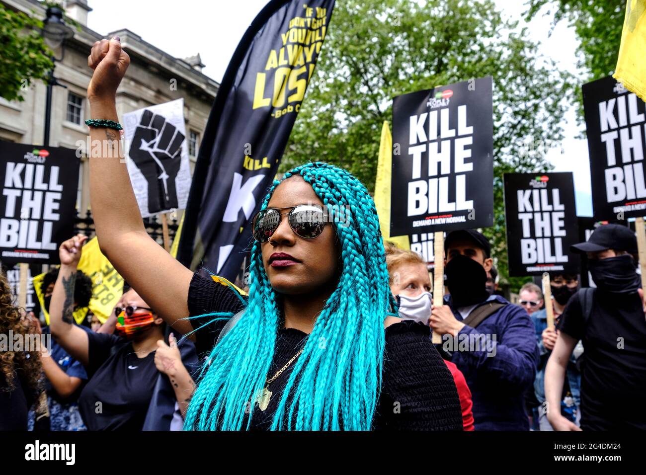 Chantelle LUNT, fondatore di Merseyside BLM Alliance, Black Lives Matter protestando lungo Side Kill la dimostrazione di Bill. guidato dal ramo britannico di United for Black Lives combattendo specificamente contro l'uso del potere della polizia come mezzo per silenziare le voci nere, in risposta alle recenti uccisioni di neri da parte della polizia. Foto Stock