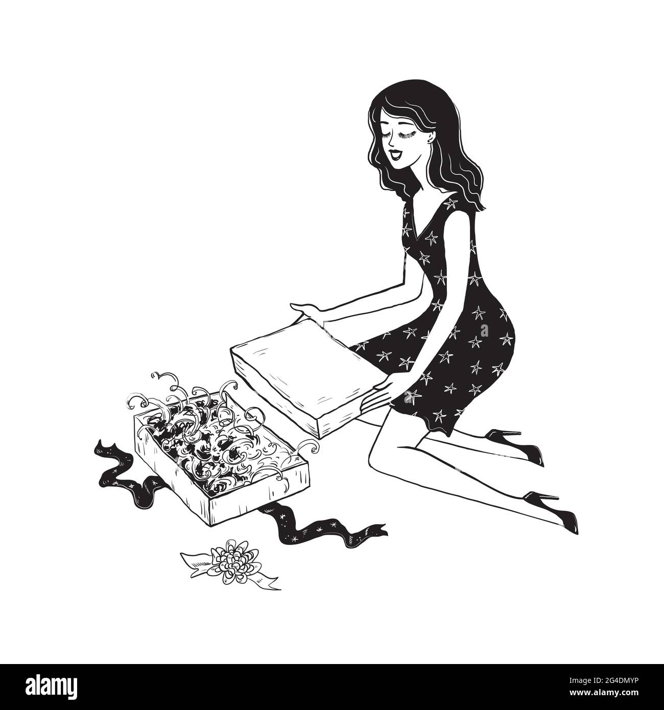 PrintHappy sorridendo bella giovane donna con una scatola di regali con nastri. Carattere di stile disegnato a mano isolato su sfondo bianco. Bianco e nero Illustrazione Vettoriale