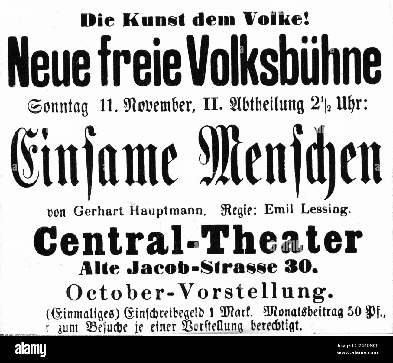 teatro / teatro, opera, 'Einsame Menschen', di Gerhart Hauptmann (1862 - 1946), playbill, ARTIST'S COPYRIGHT NON DEVE ESSERE CANCELLATO Foto Stock teatro / teatro, opera, 'Einsame Menschen', di Gerhart Hauptmann (1862 - 1946), playbill, ARTIST'S COPYRIGHT NON DEVE ESSERE CANCELLATO Foto Stock