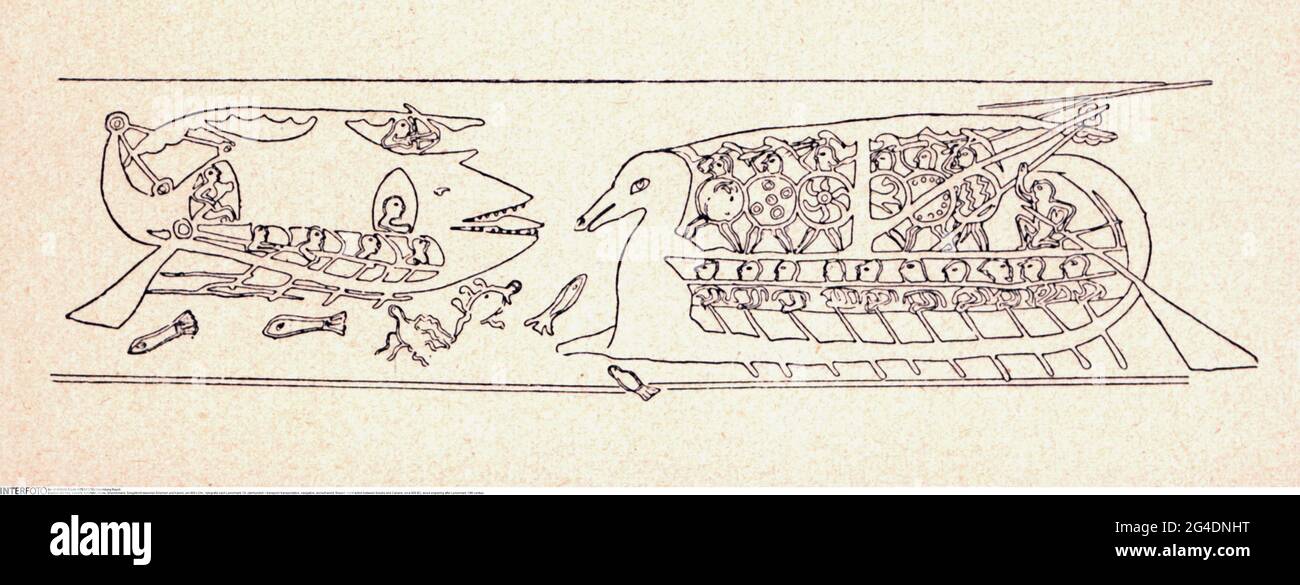 Trasporto / trasporto, navigazione, mondo antico, Grecia, azione navale tra greci e cariesi, IL DIRITTO D'AUTORE DELL'ARTISTA NON DEVE ESSERE ELIMINATO Foto Stock