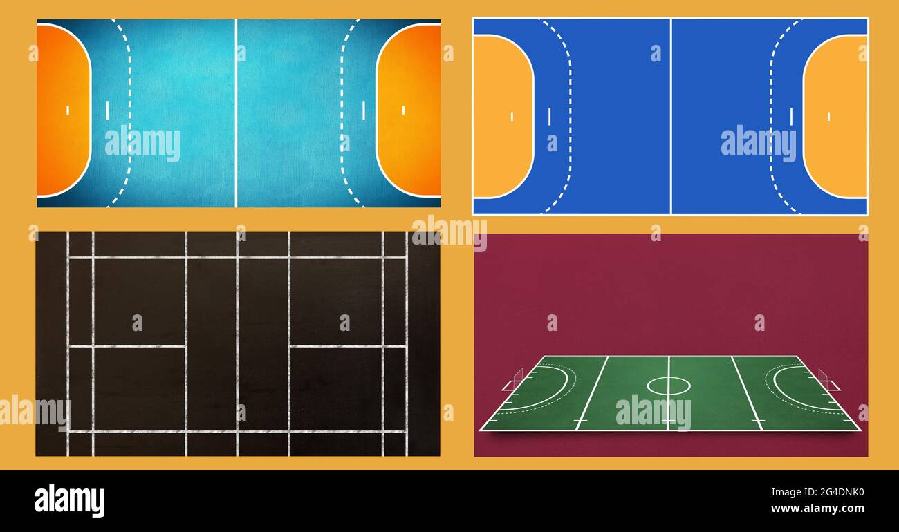 Immagine generata digitalmente di più layout di campi sportivi su sfondo arancione Foto Stock
