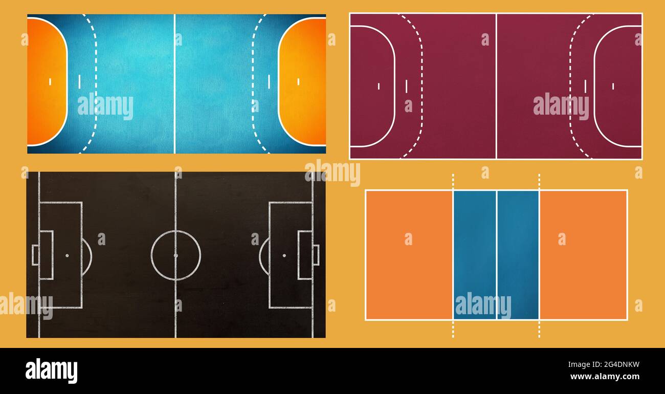 Immagine generata digitalmente di più layout di campi sportivi su sfondo arancione Foto Stock