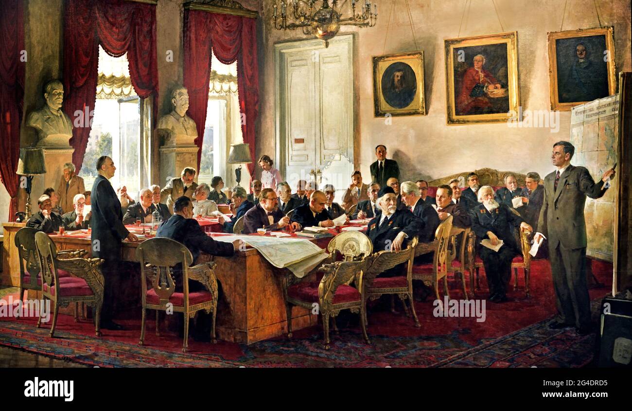 Sessione del Presidio dell'Accademia delle Scienze dell'URSS 1951 di Vasily Efanov ( Rivoluzione russa 1917 - 1945 ) Lenin Stalin propaganda russa - Pubblicità Russia URSS Foto Stock