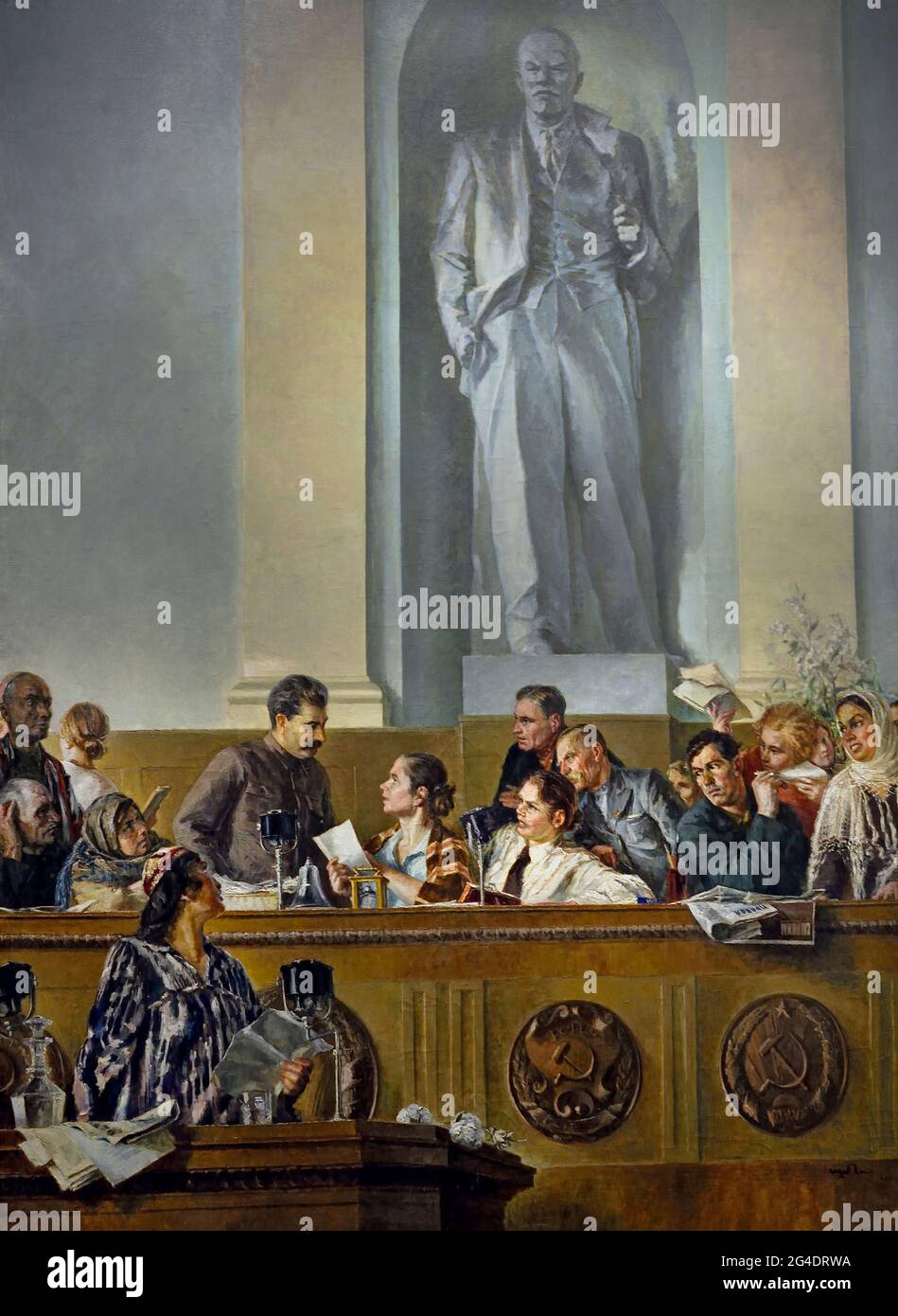 Leader, insegnante e amico (Joseph Stalin al Presidium del secondo Congresso dei lavoratori collettivi di shock agricoli nel febbraio 1935) 1936–1937 di SHEGAL Mikhailovich ( Rivoluzione russa 1917 - 1945 ) Lenin Stalin propaganda russa - Pubblicità Russia URSS Foto Stock