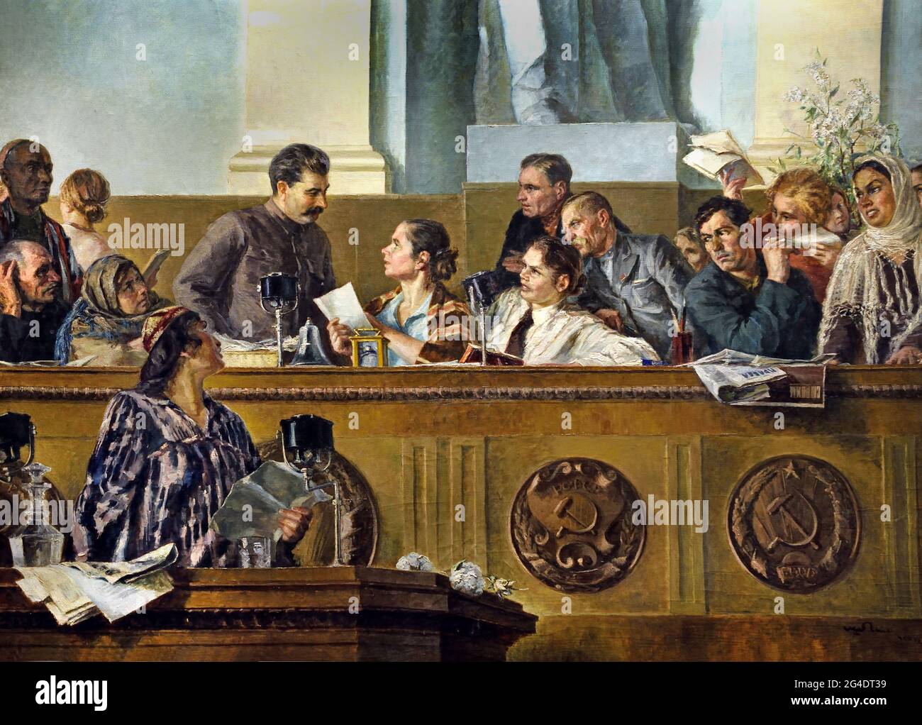 Leader, insegnante e amico (Joseph Stalin al Presidium del secondo Congresso dei lavoratori collettivi di shock agricoli nel febbraio 1935) 1936–1937 di SHEGAL Mikhailovich ( Rivoluzione russa 1917 - 1945 ) Lenin Stalin propaganda russa - Pubblicità Russia URSS Foto Stock