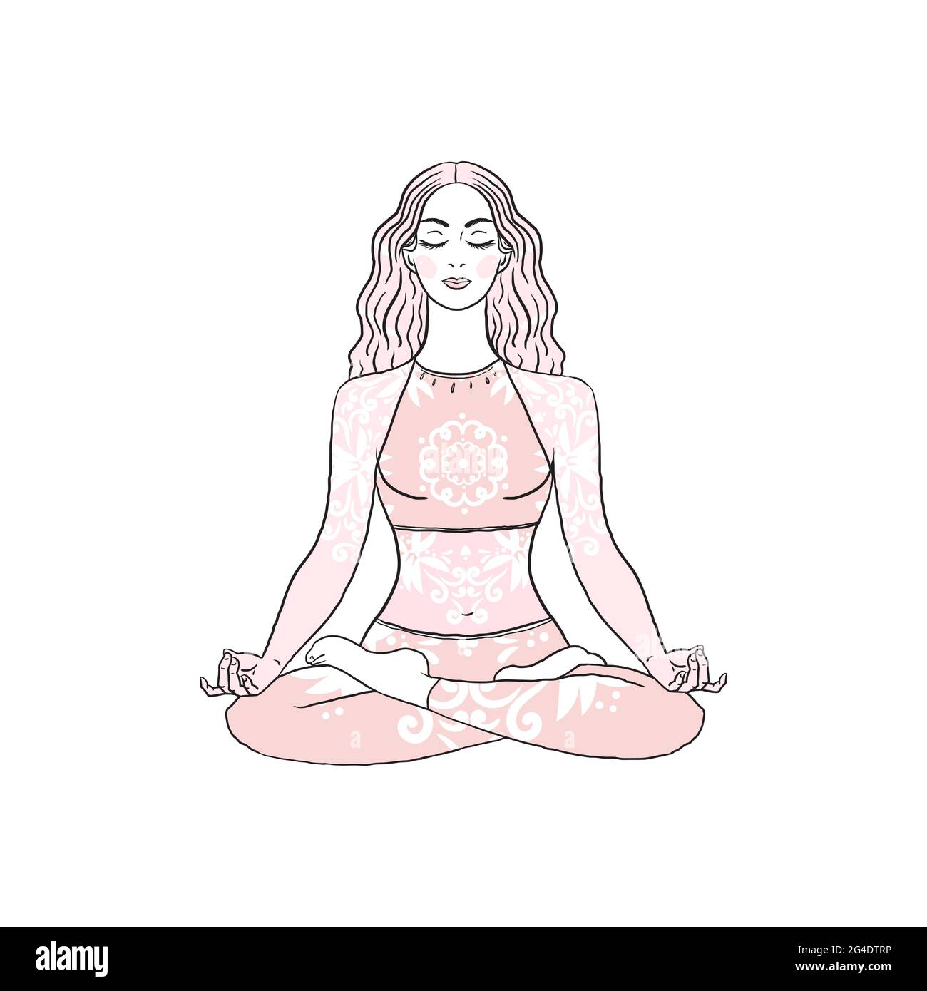 Giovane bella meditating Yoga donna in lotus yoga posa su sfondo ornamentale. Illustrazione dello stock lineare in bianco e nero. Logo per studio yoga. Illustrazione Vettoriale