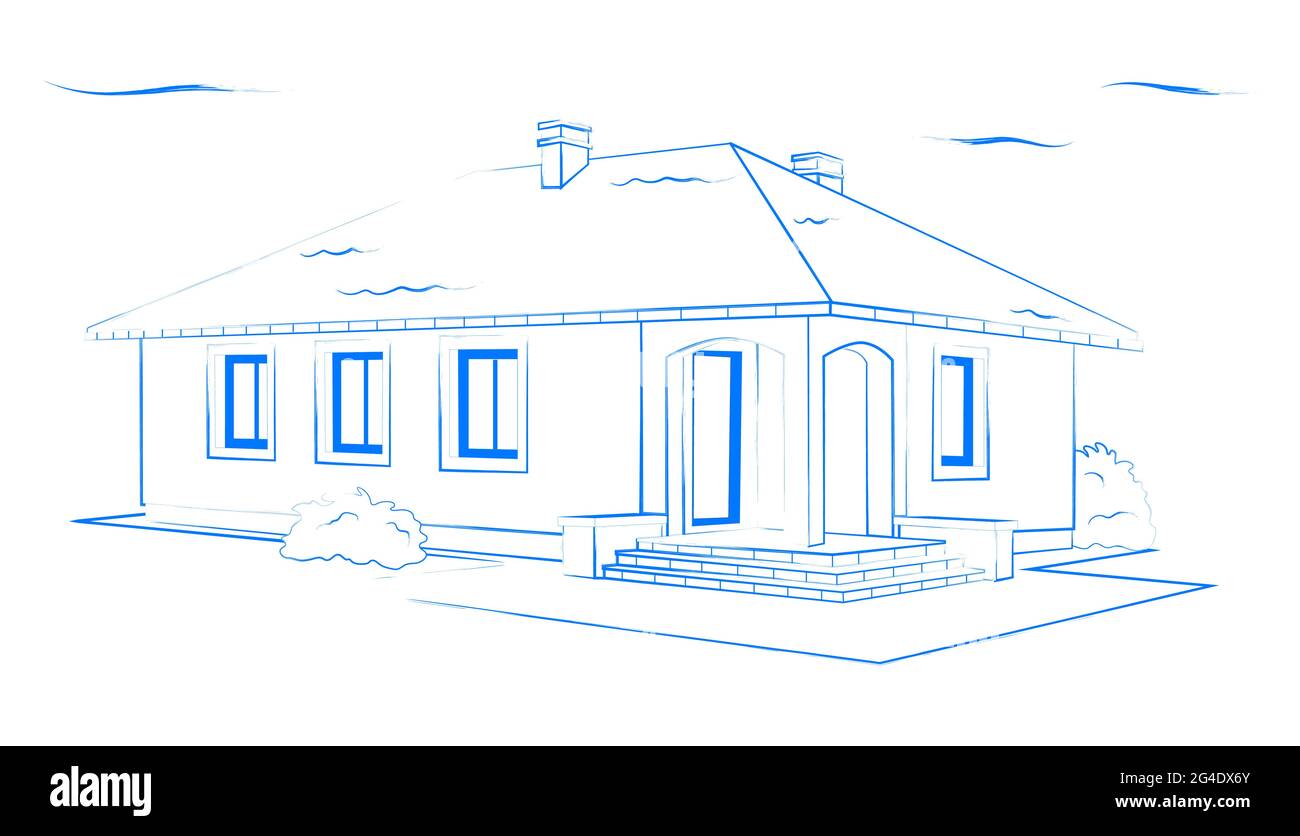 Disegno architettonico di colore blu di una casa indipendente con giardino. Vettore Illustrazione Vettoriale