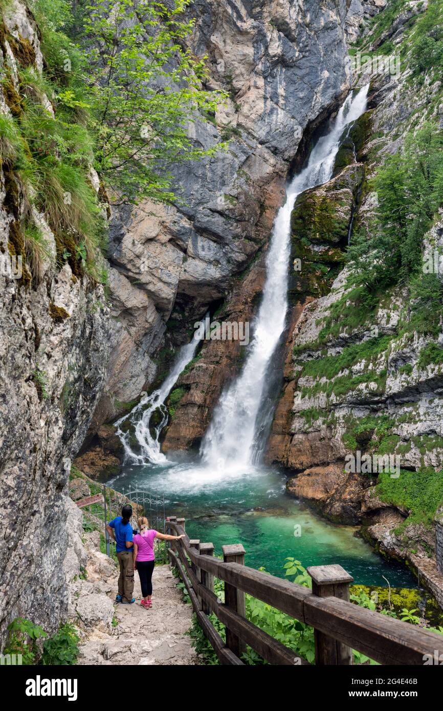 Il Parco Nazionale del Triglav, Slovenia. Cascate di Savica che alimentano il Lago di Bohinj. Foto Stock