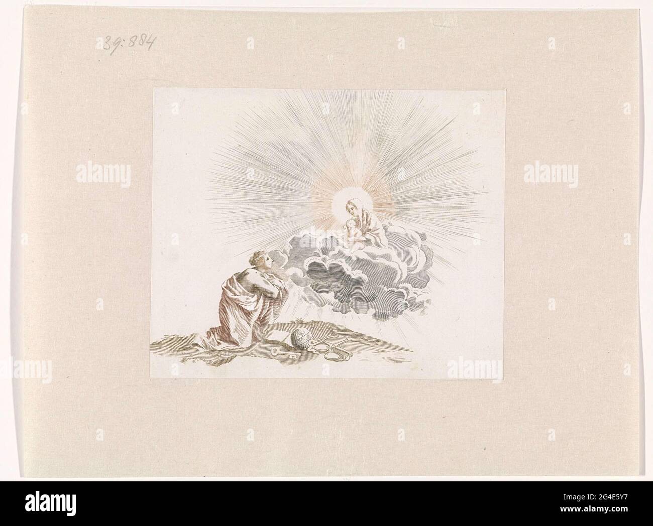 . Una donna si inginocchia e prega Maria, che appare sulle nuvole con Cristo bambino. Ai piedi della donna che prega si trovano un libro, un globo del cielo, serpente di cautela, scale di giustizia e una chiave. Foto Stock