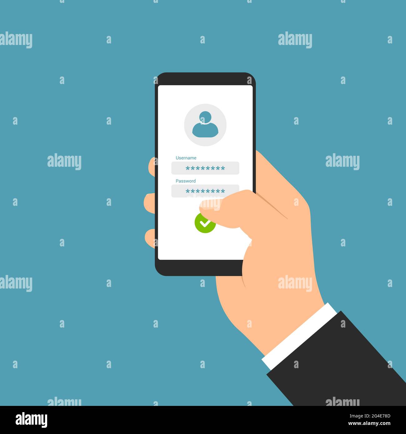 Disegno piatto illustrazione del gestore mano che tiene lo smartphone con touch screen bianco e il modulo di login per l'immissione di nome utente e password - vettore Illustrazione Vettoriale
