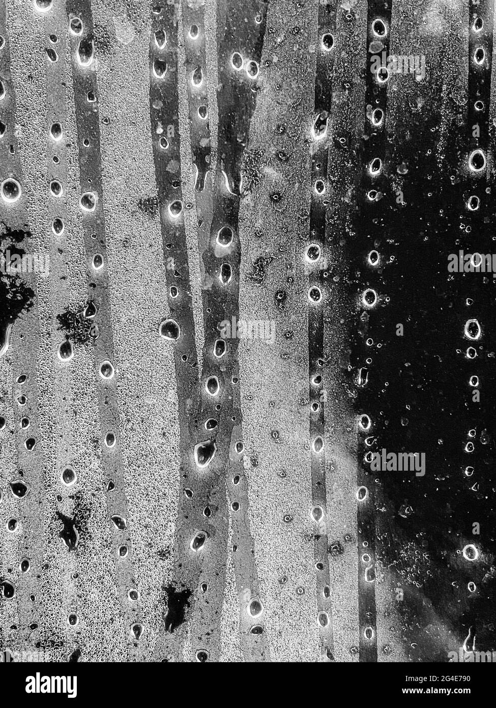 Gocce scure di acqua sul vetro sudato. Sfondo. Foto Stock