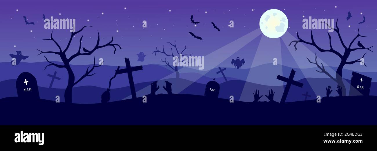 Buon banner di Halloween con fantasmi e pipistrelli spaventosi sul cimitero. Spaventoso sfondo notturno con zombie e luna. Illustrazione vettoriale. Foto Stock