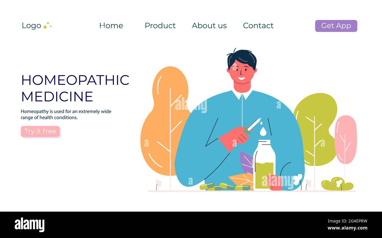 I cartoni animati preparavano pillole omeopatiche naturali organiche in vasi di vetro. Banner trattamento omeopatia, landing page, medicina alternativa alle erbe, farm Illustrazione Vettoriale