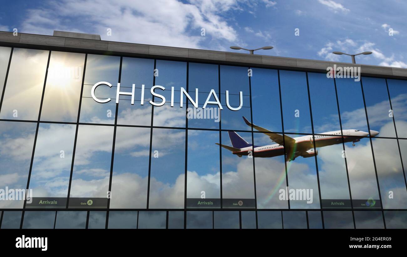 Aerei a reazione che atterrano a Kishinev, Chisinau, Moldavia rappresentazione 3D. Arrivo in città con il terminal dell'aeroporto di vetro e riflesso di p. Foto Stock