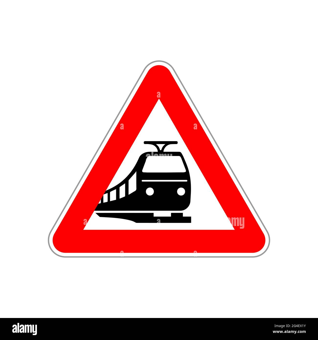 Forma del treno sul triangolo rosso e bianco cartello stradale su bianco Illustrazione Vettoriale