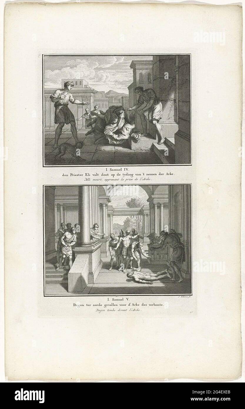 . Due rappresentazioni bibliche da 1 Sam. 4 e 5. Il sacerdote Eli cade dalla sua sedia e muore quando sente che l'Arca dell'alleanza è stata presa, e l'immagine Dagon cade accanto all'Arca dell'Alleanza. Due rappresentazioni di un piatto, ciascuna con un titolo in olandese e francese. Numerato in basso a destra: 46. Foto Stock
