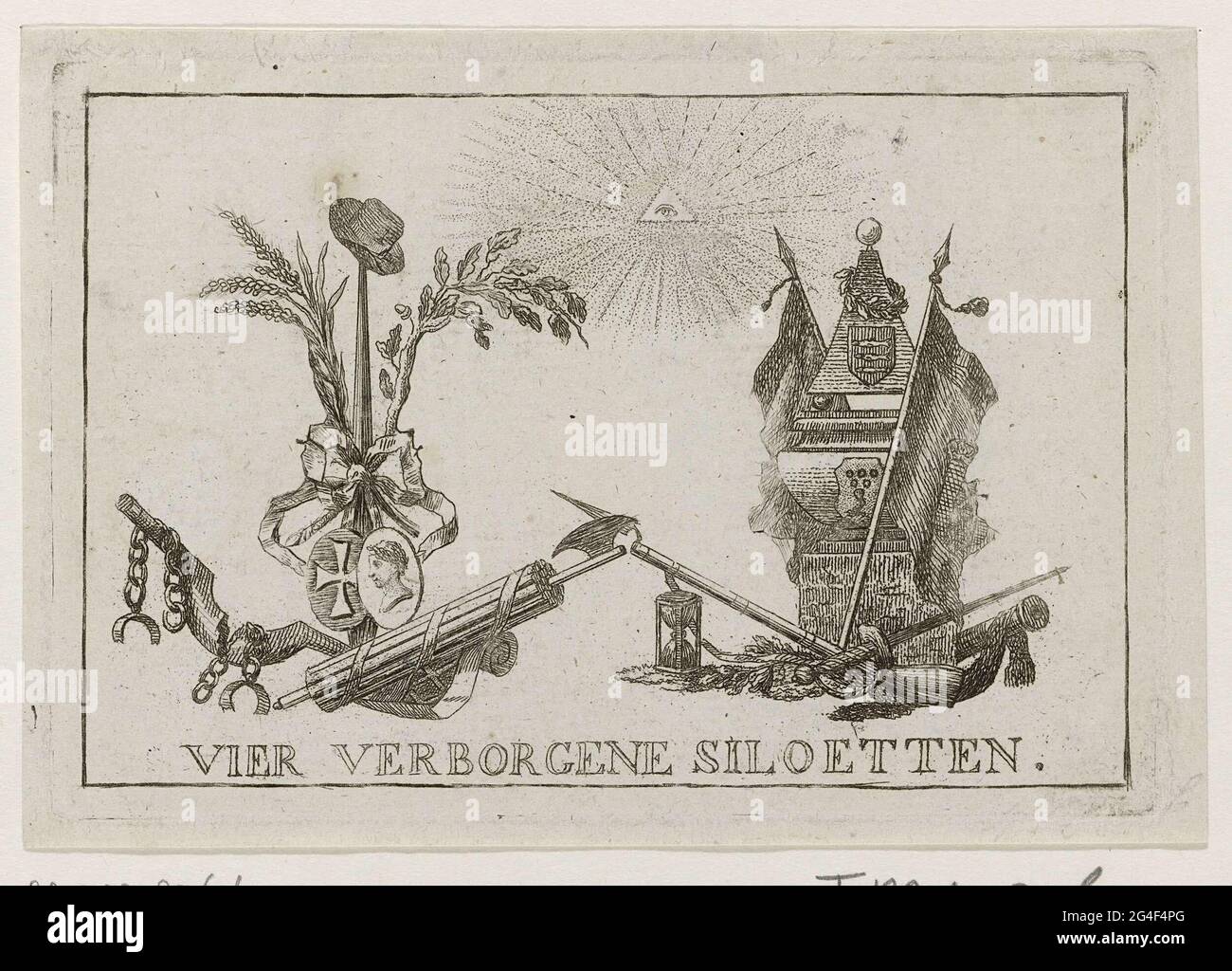 . Quattro silhouette nascoste in due trofei di armi, 1787. Al centro, in cima all'occhio del sole. Le due silhouette a sinistra al giogo rotto e la lancia di libertà sono da Joan Derk van der Capellen a Den Pol e il sindaco Hendrik Hooft Danielsz., a destra al monumento tomba del defunto Cornelis Govert Visscher e Isaac van Goudoever. Lo stemma delle quattro persone menzionate sono sugli ornamenti. Foto Stock