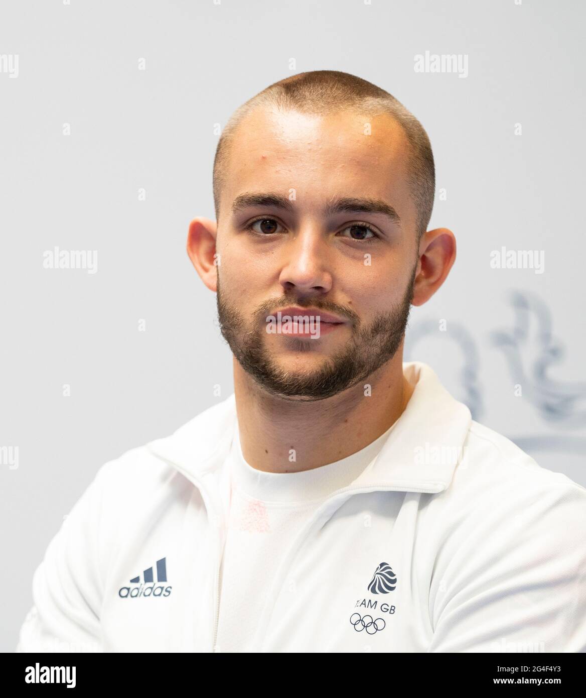 Ross Cullen durante la sessione di kitting out per le Olimpiadi di Tokyo 2020 al Birmingham NEC, UK. Data immagine: Lunedì 21 giugno 2021. Foto Stock