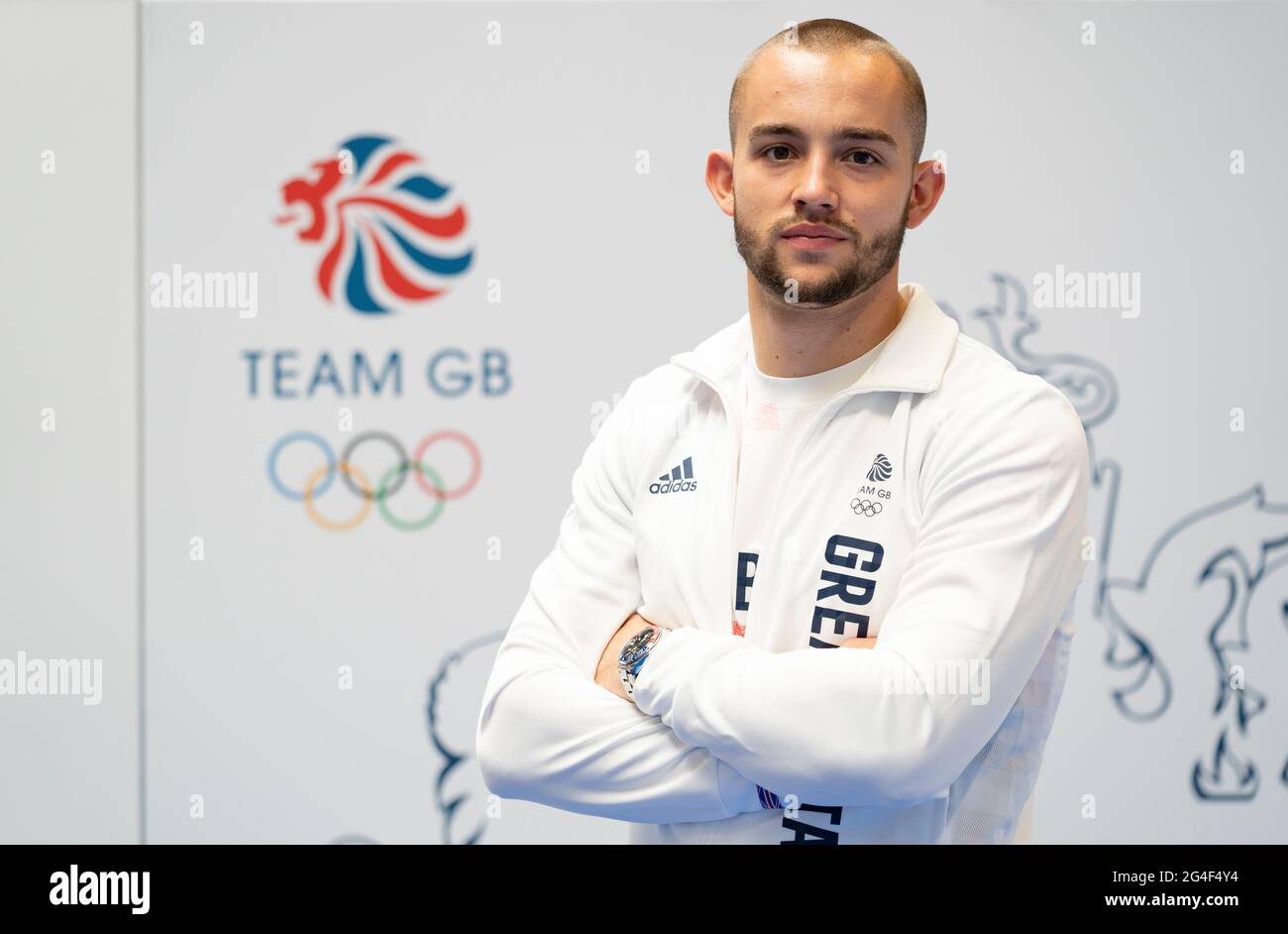 Ross Cullen durante la sessione di kitting out per le Olimpiadi di Tokyo 2020 al Birmingham NEC, UK. Data immagine: Lunedì 21 giugno 2021. Foto Stock