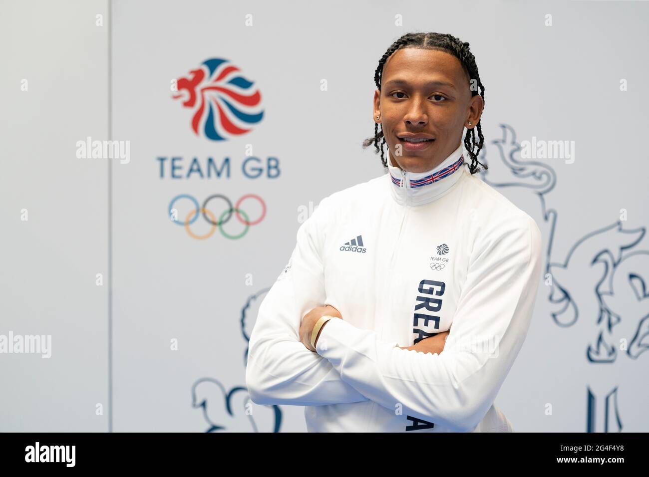Kye Whyte durante la sessione di kitting out per le Olimpiadi di Tokyo 2020 al Birmingham NEC, UK. Data immagine: Lunedì 21 giugno 2021. Foto Stock