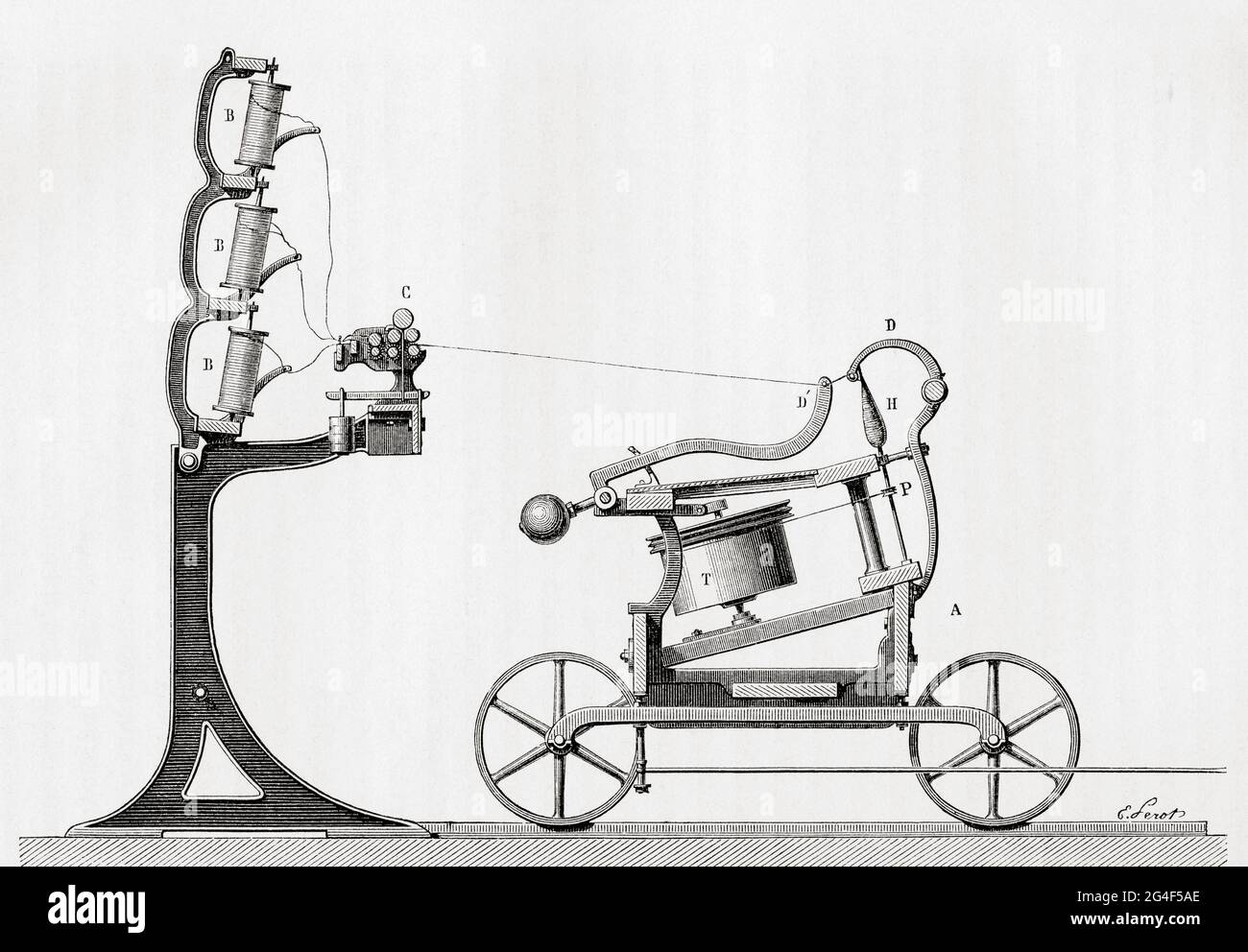La filatura del mulo, una macchina utilizzata per filare il cotone e altre fibre. From le Savant du foyer ou notions Scientifiques sur Les Objets Usuels de la vie, pubblicato nel 1864 Foto Stock