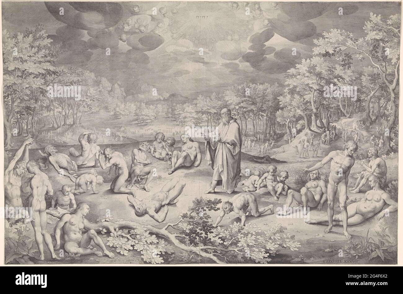 . Ezechiele profetizza in una valle ossea (EZ. 37). Comincia a parlare e intorno a lui le ossa tornano alla vita. La carne e la pelle si riproducono. In cima all'aria il tetragramma e il coro dell'angelo. Foto Stock