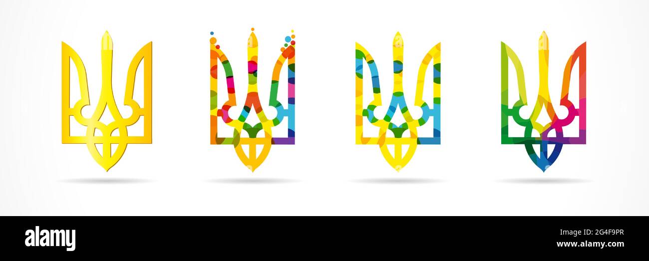 Set colorato di emblemi ucraini - classico, bolle e colorato. Illustrazione vettoriale per la festa nazionale Ucraina giorno di indipendenza, giorno di costituzione Illustrazione Vettoriale