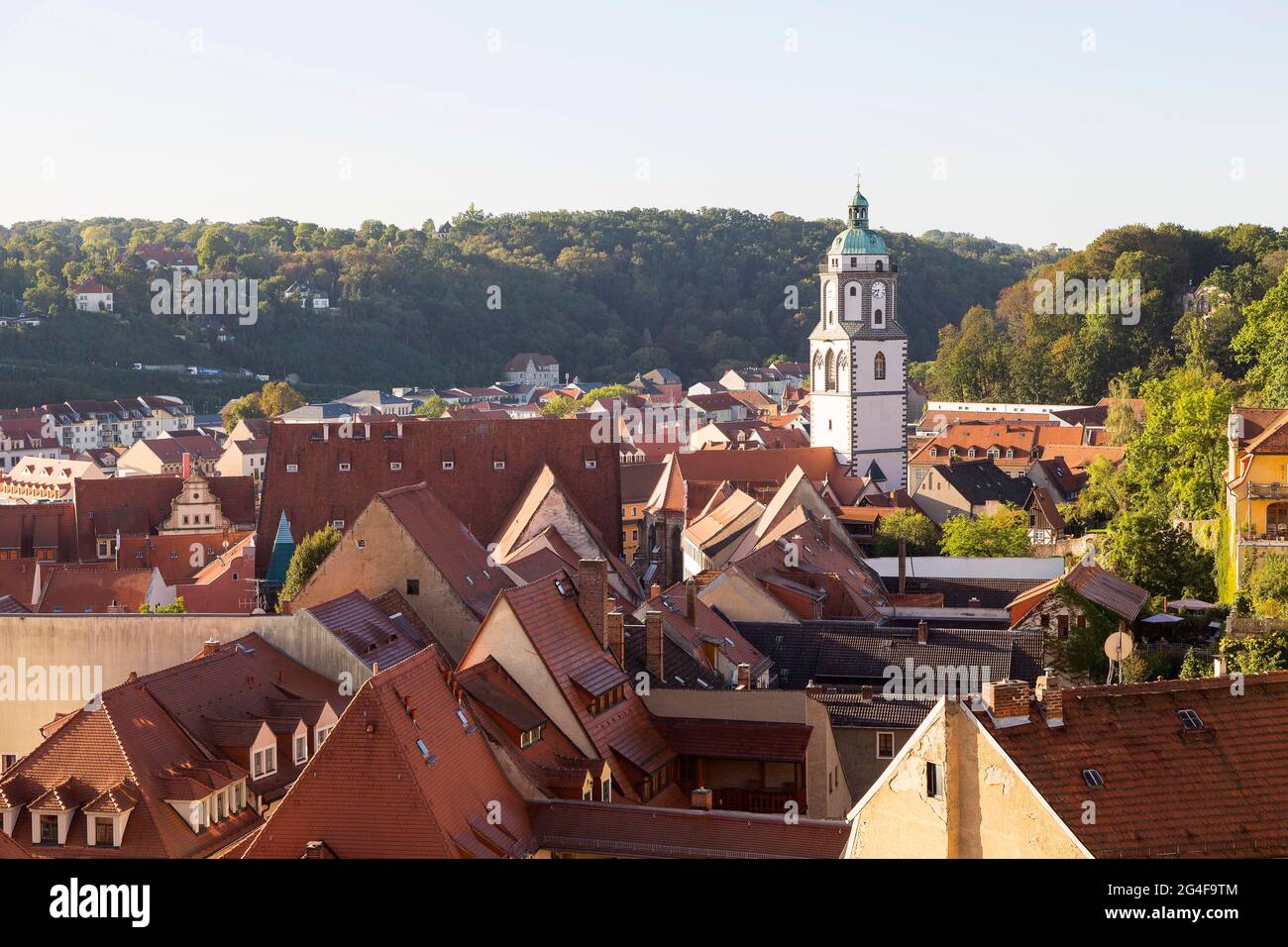 Vista sulla città, vista sui tetti della città vecchia con la torre della Chiesa di nostra Signora, Meissen, Sassonia, Germania Foto Stock