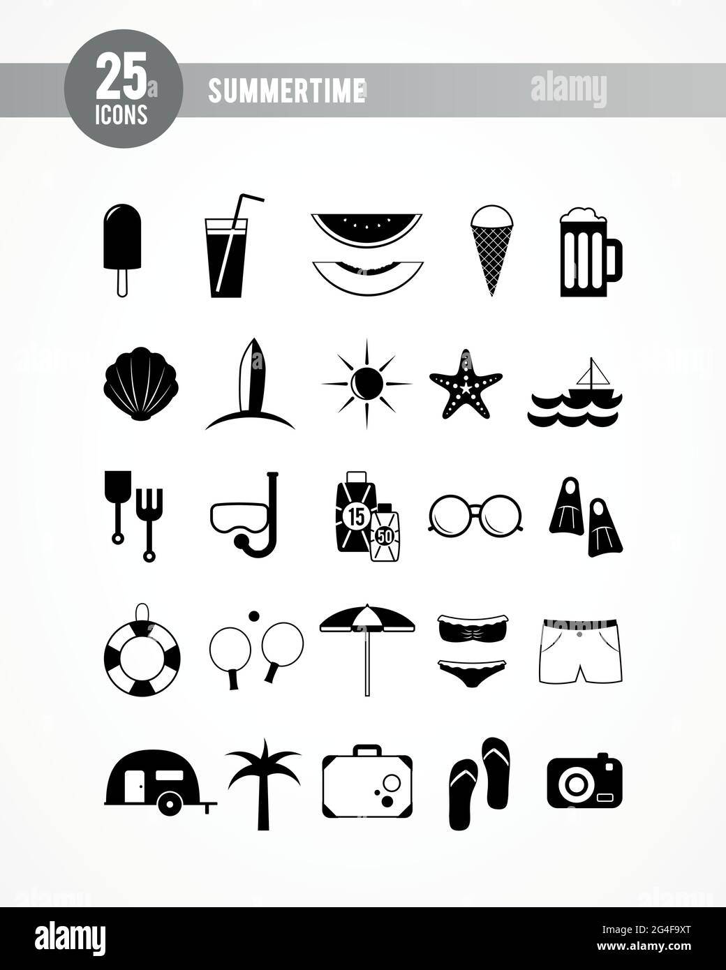Set di icone nere estive. 25 oggetti. Illustrazione vettoriale, design piatto Illustrazione Vettoriale
