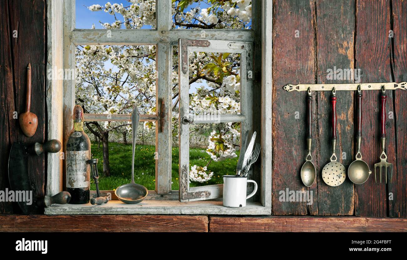 Cucina rustica di campagna con vista attraverso una finestra di legno nel paesaggio, Foresta Nera, Baden-Wuerttemberg, composizione, Germania Foto Stock Cucina rustica di campagna con vista attraverso una finestra di legno nel paesaggio, Foresta Nera, Baden-Wuerttemberg, composizione, Germania Foto Stock