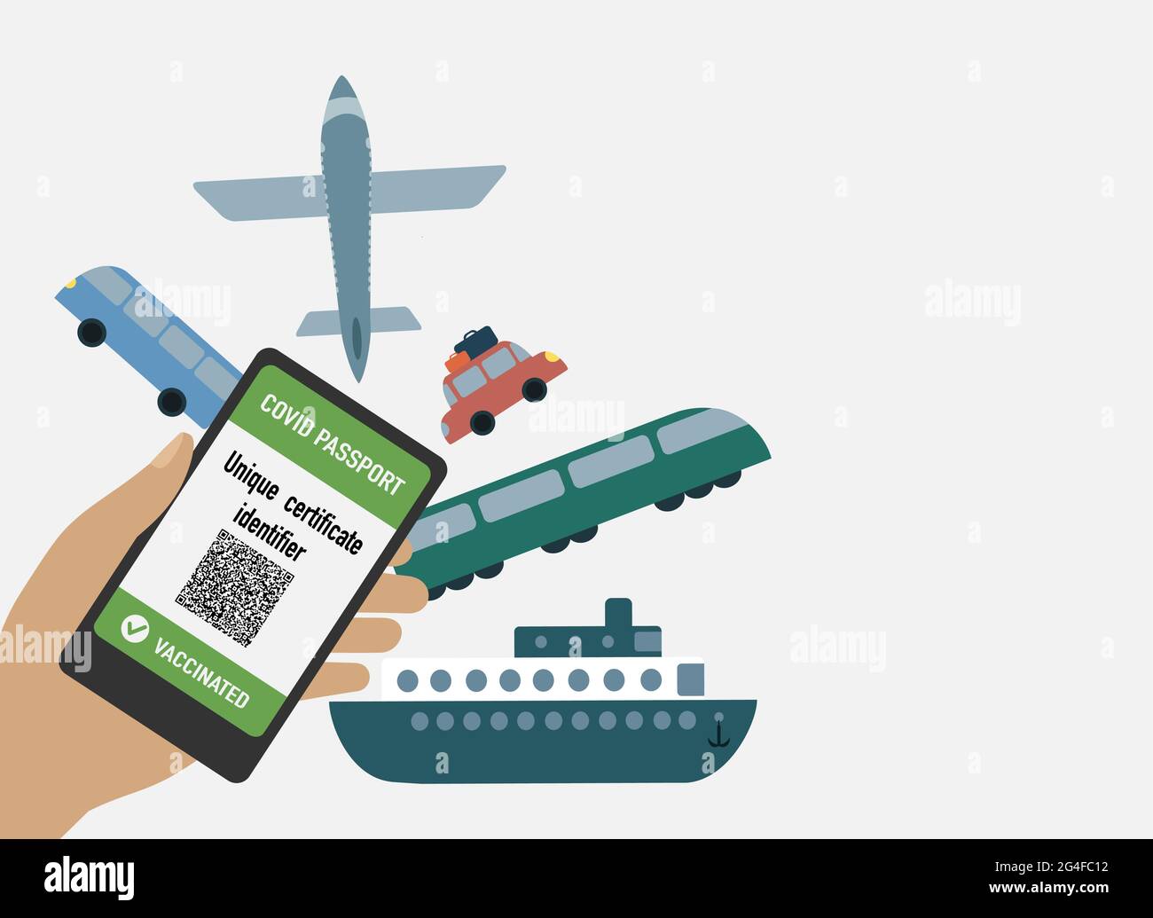 Viaggiare con il concetto di passaporto di vaccinazione di covid. Certificato unico digitale con diversi tipi di trasporto: Aereo, auto, autobus, treno, nave. Illustrazione Vettoriale