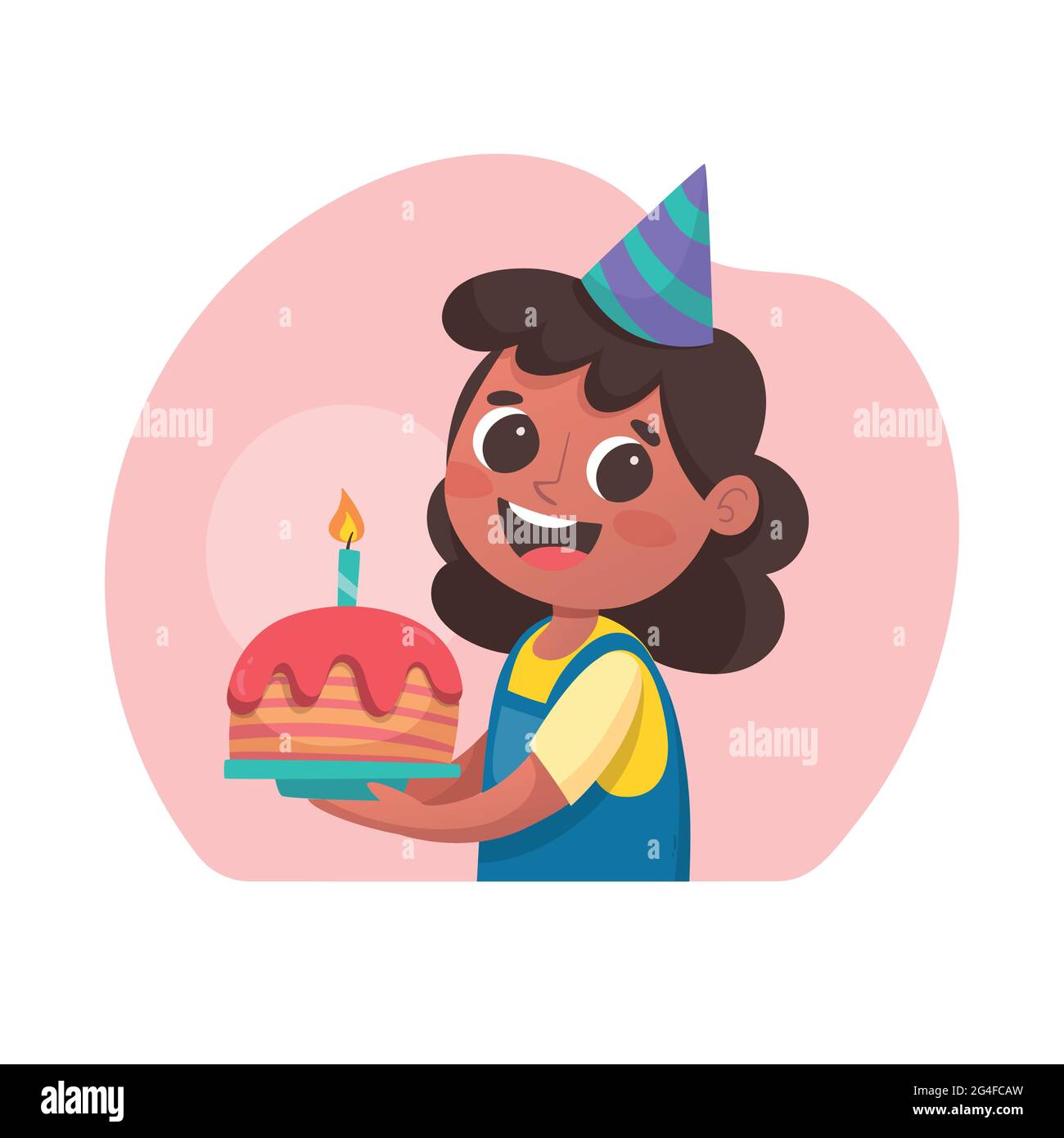 Congratulazioni per il compleanno. Ritratto di una bambina felice con una torta di due giorni. Illustrazione isolata. Illustrazione Vettoriale