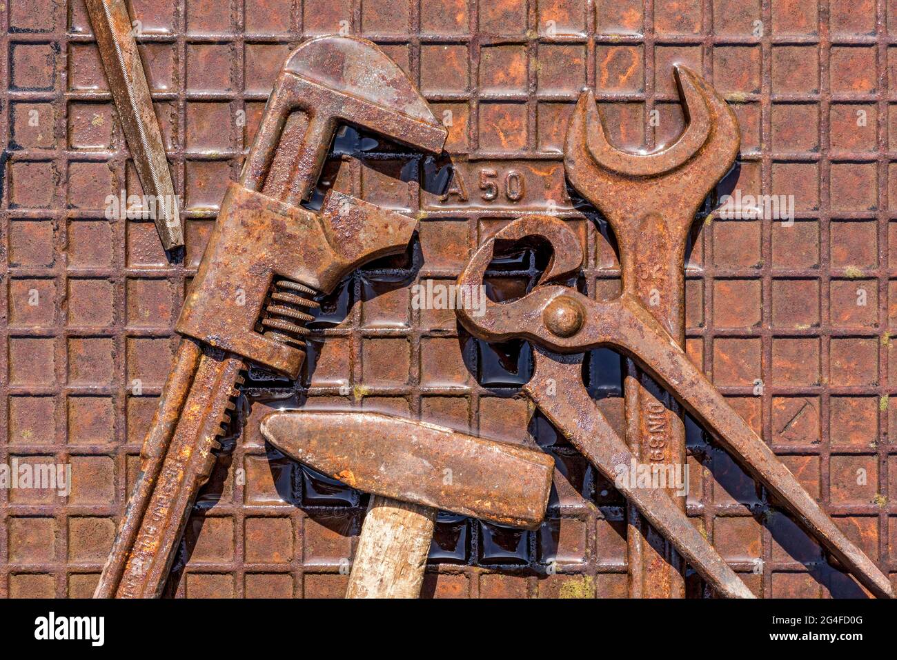 Vecchio utensile con inglese, martello, pinze a becchi, chiave su piastra in ferro umido arrugginito, Germania Foto Stock