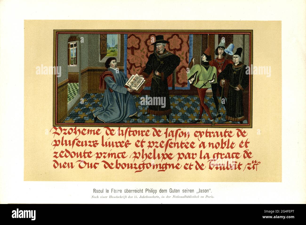 Raoul le Fevre presenta Filippo il Buono con la sua opera Historire de Jason secondo un manoscritto del 15 ° secolo, nella Biblioteca Nazionale di Foto Stock