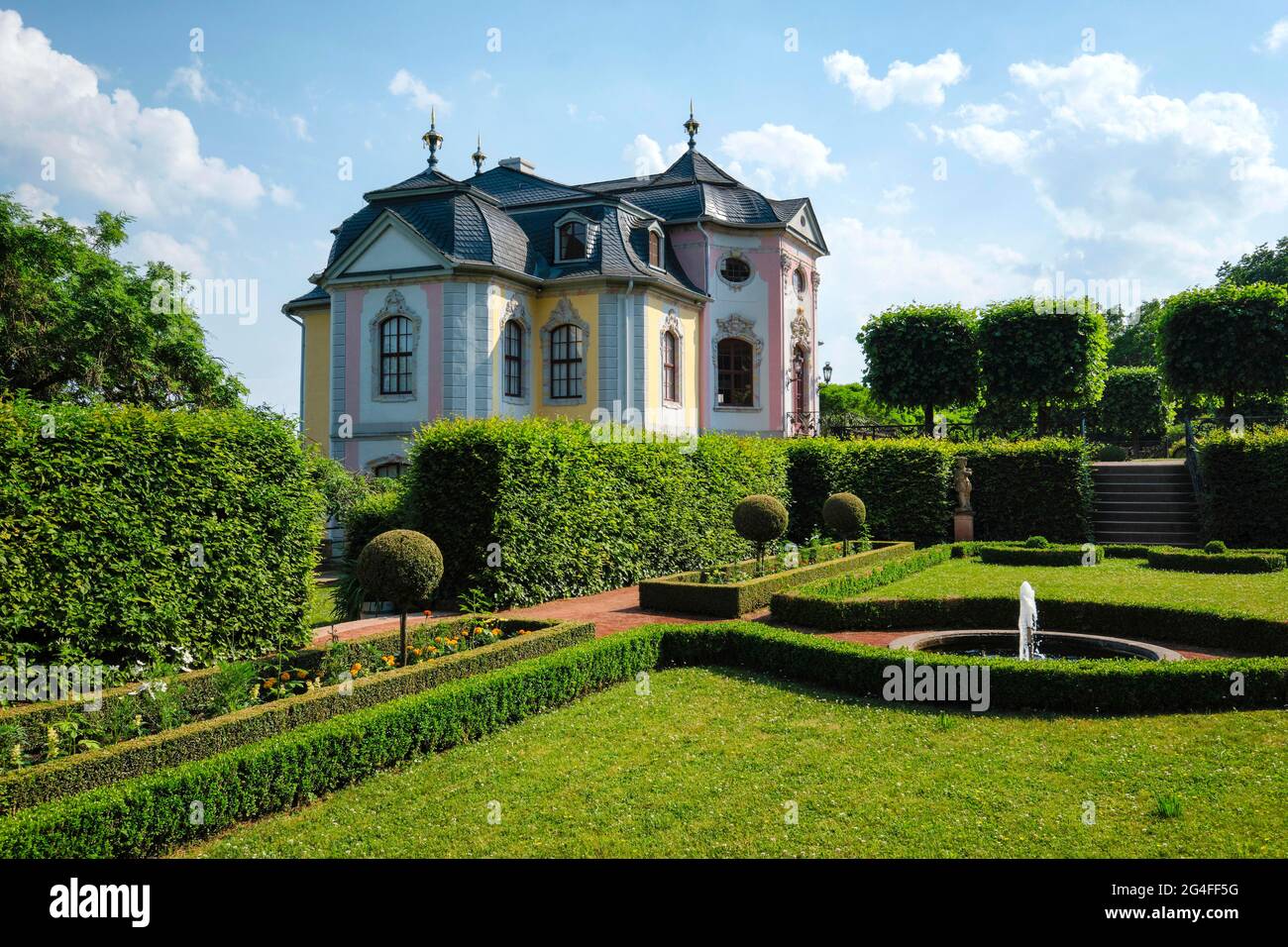 Castello di Rococo e giardino del castello, Castelli di Dornburg, Dornburg-Camburg, Turingia, Germania Foto Stock