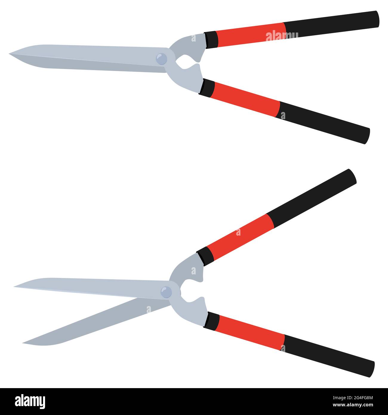 Tagliasiepi isolati su sfondo bianco. Forbici da giardinaggio per rifilatura. Cesoia per potatura con manici rossi.illustrazione piatta Vector. Illustrazione Vettoriale