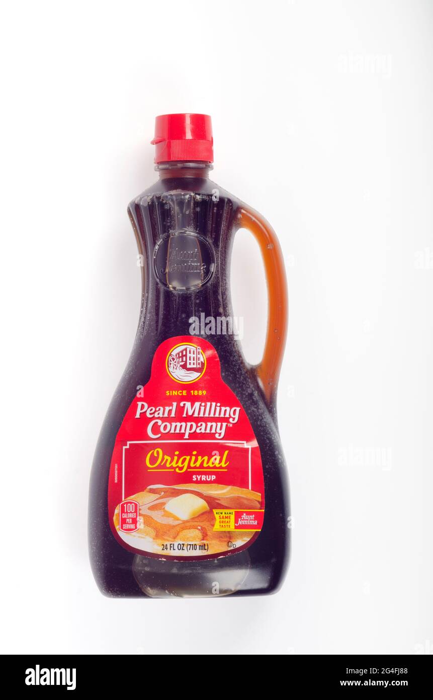 Pearl Milling, nuova identità per zia Jemima, bottiglia di sciroppo originale Foto Stock
