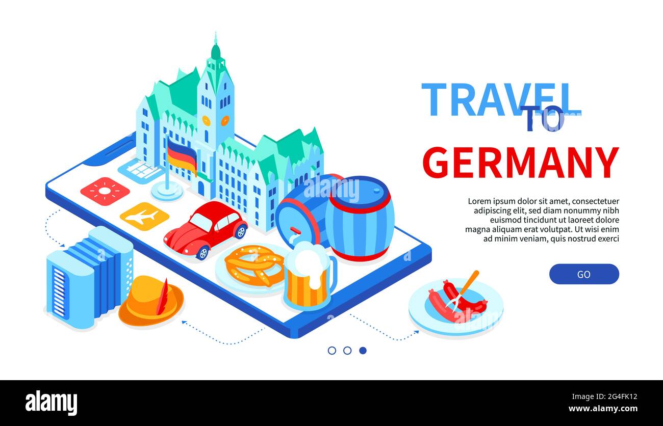 Viaggio in Germania - banner Web isometrico colorato con spazio di copia per il testo. Cultura e tradizioni tedesche. Pretzel, auto, birra, bandiera, fisarmonica, N. di COLOGN Illustrazione Vettoriale
