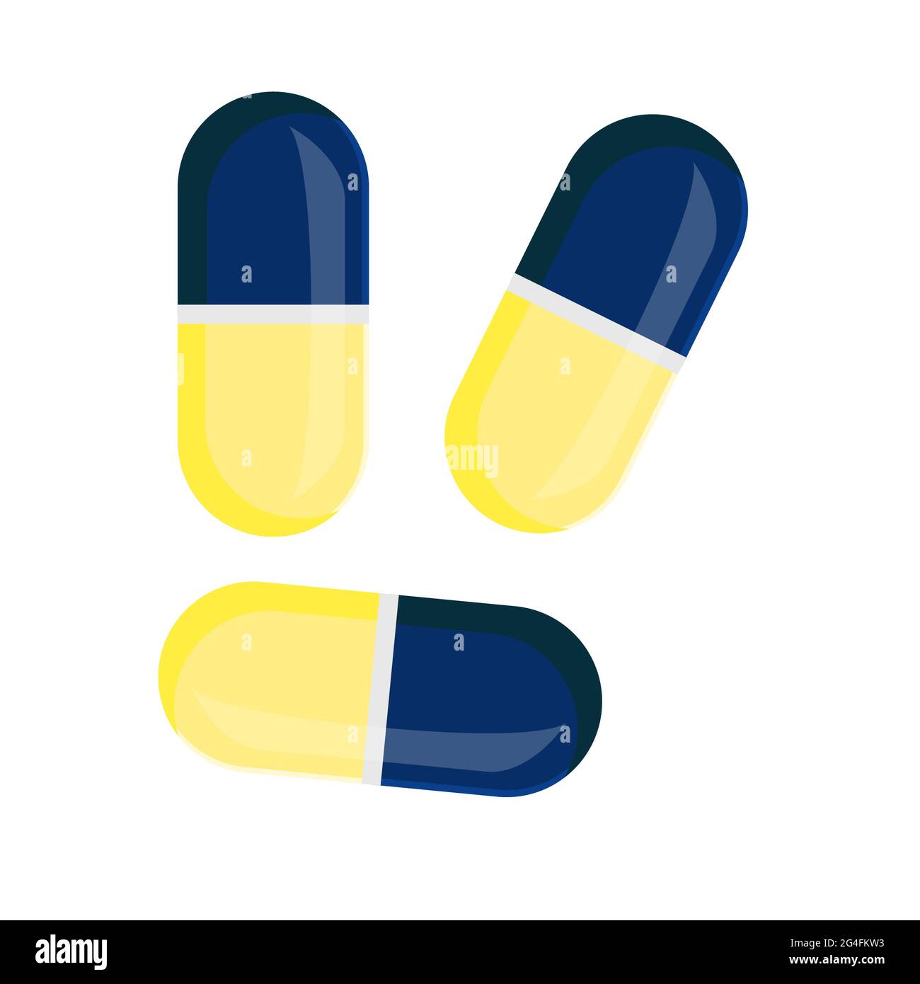 Tre pillole, gialle e blu, isolate su sfondo bianco. Illustrazione Vettoriale