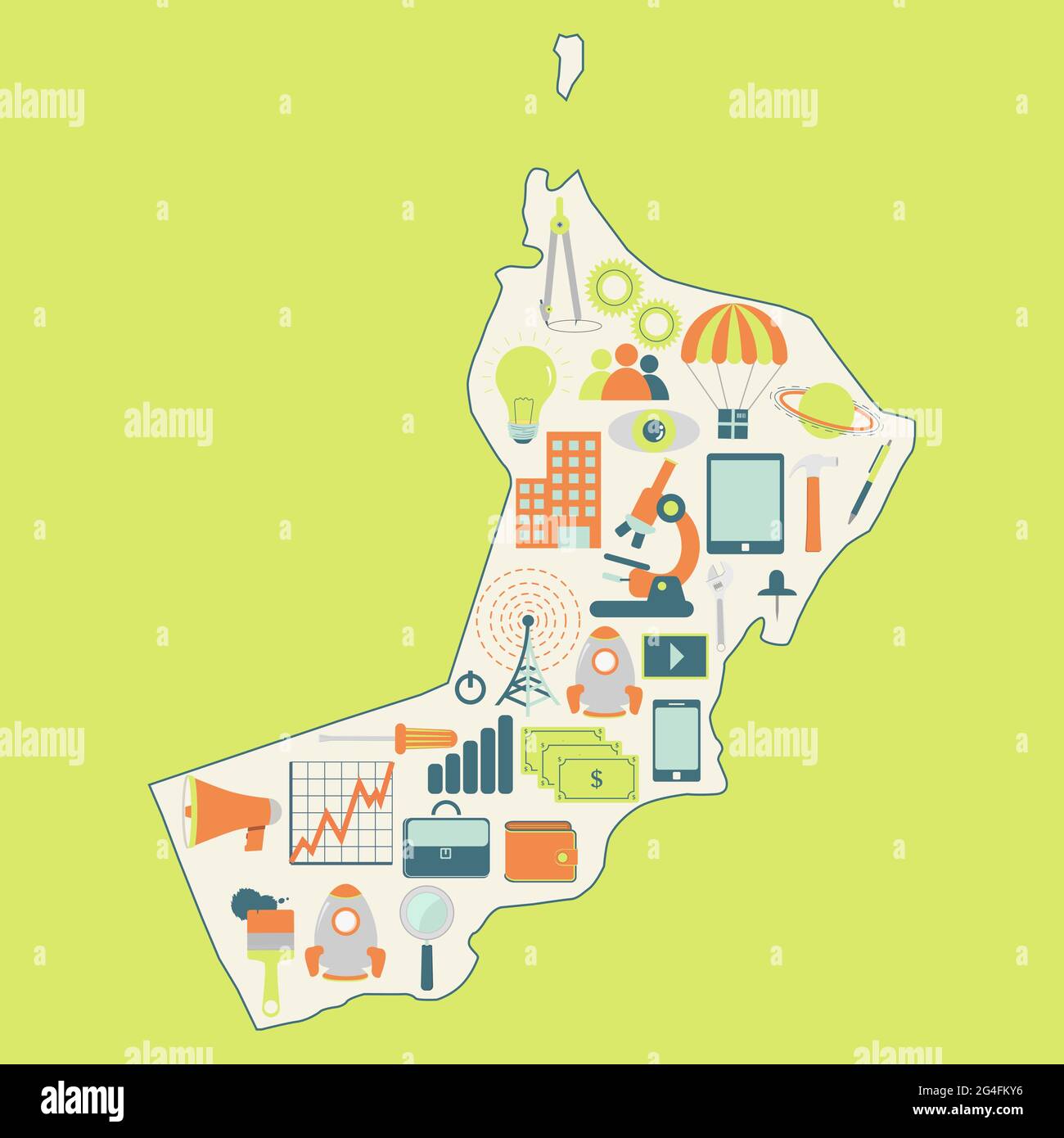 Mappa dei contorni di Oman con icone di tecnologia, business, scienza, comunicazione Illustrazione Vettoriale